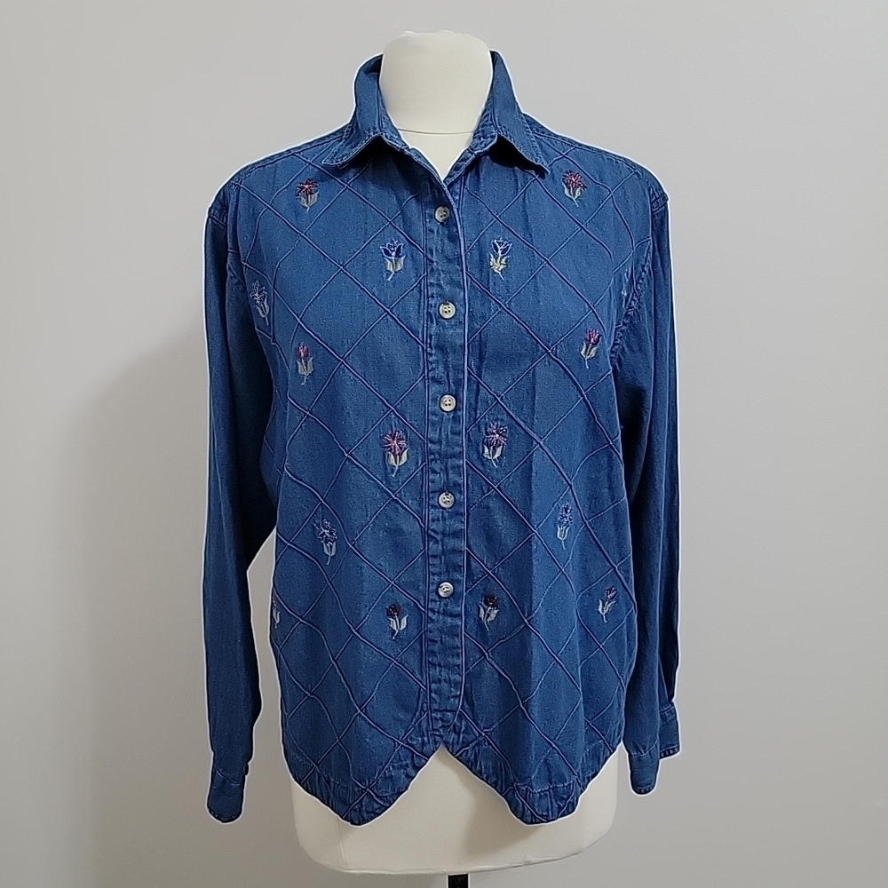 Cascade Denim Blue Long Sleeve Women's Shirt Cotton Embroidered flowers Size XL
